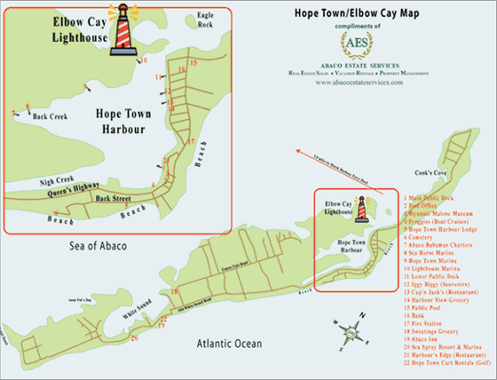 Map of Elbow Cay and the settlement of Hope Town in Abaco Bahamas